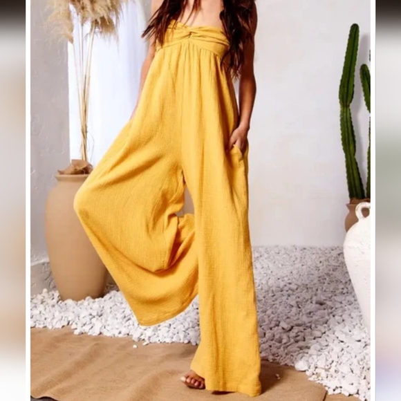 BUCKETLIST Pants - NEW The Bucketlist wide-leg strapless twisted bust gauze jumpsuit Yellow